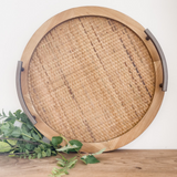 Wood Tray With Rattan Center