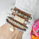 Beaded Bracelets Stack of 4 with Coin Wood and Amazonite