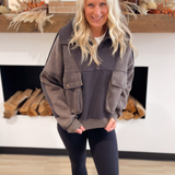 Contrast Sherpa Quarter Zip Pullover-Charcoal