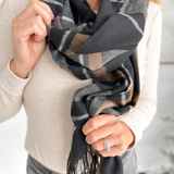 Black Plaid Fringe Scarf