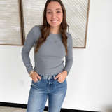 Fitted Round Neck Long Sleeve Top-Pebble Grey