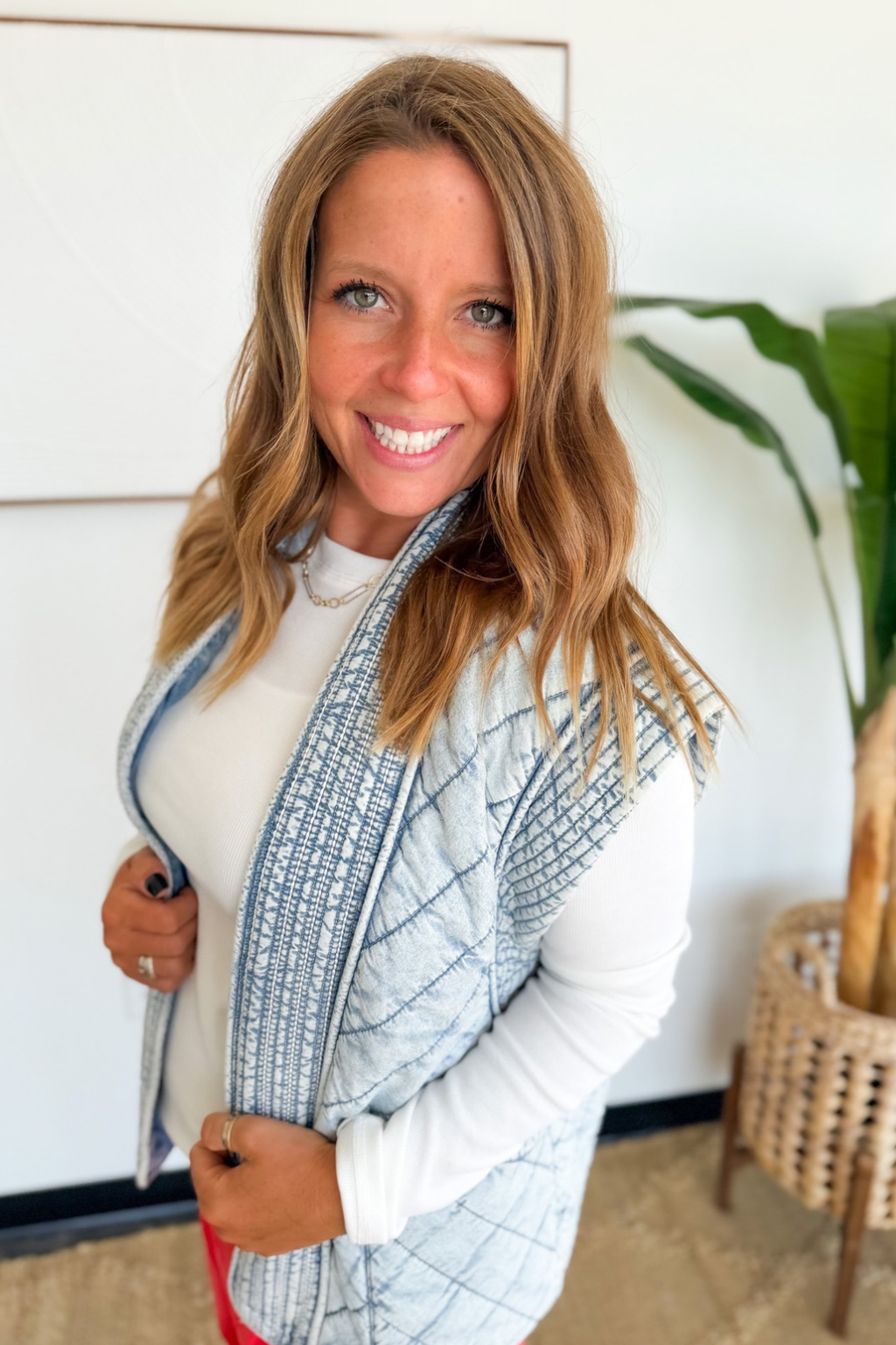Washed Denim Quilted Shawl Vest