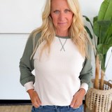 Green Waffle Color Block Raglan Sleeve Top