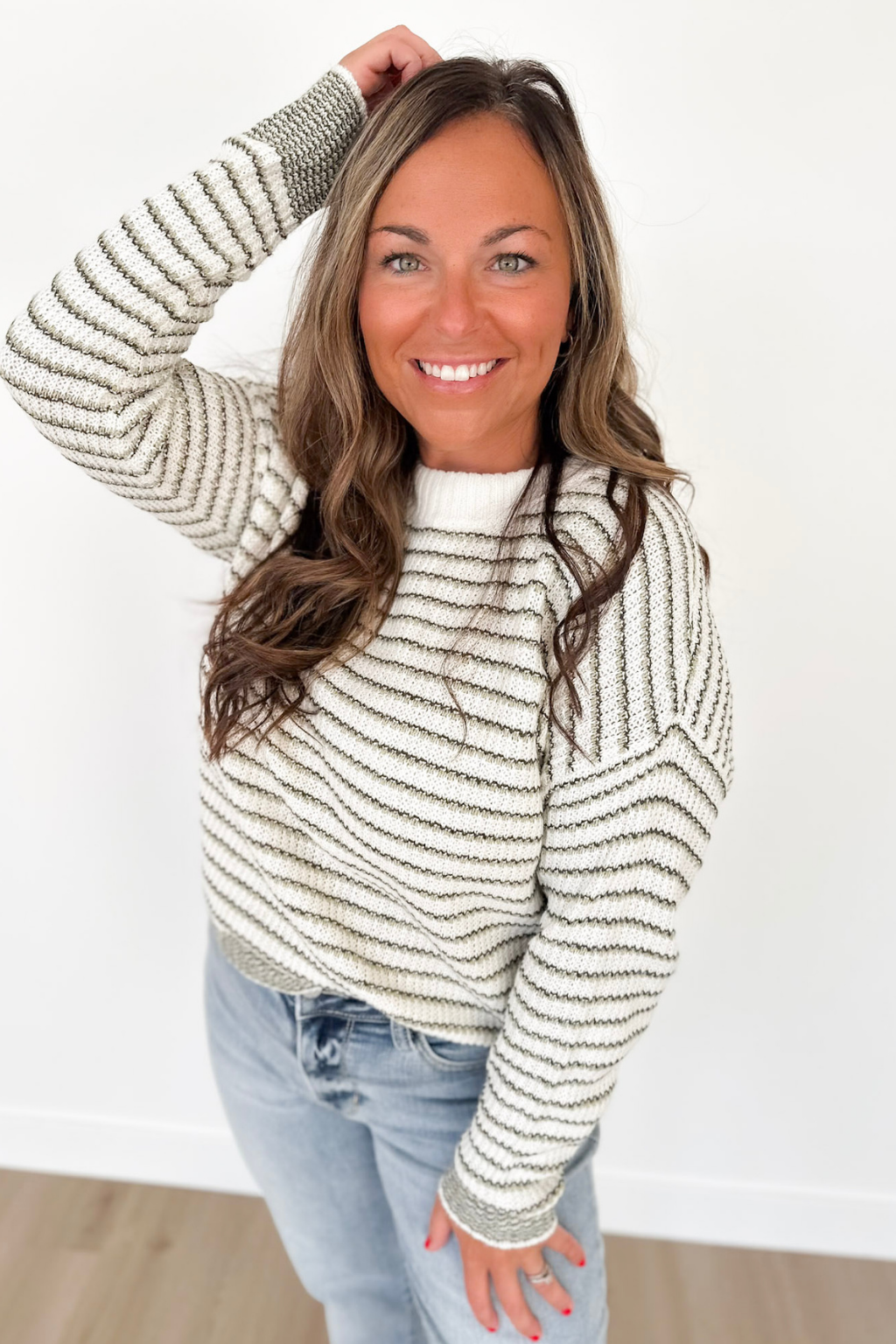 Ivory Knit Green/Grey Striped Sweater
