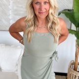 Sage Green Square Neck Side Tie Midi Dress