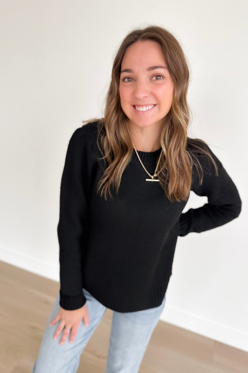 Black Soft Knit Puff Long Sleeve Sweater