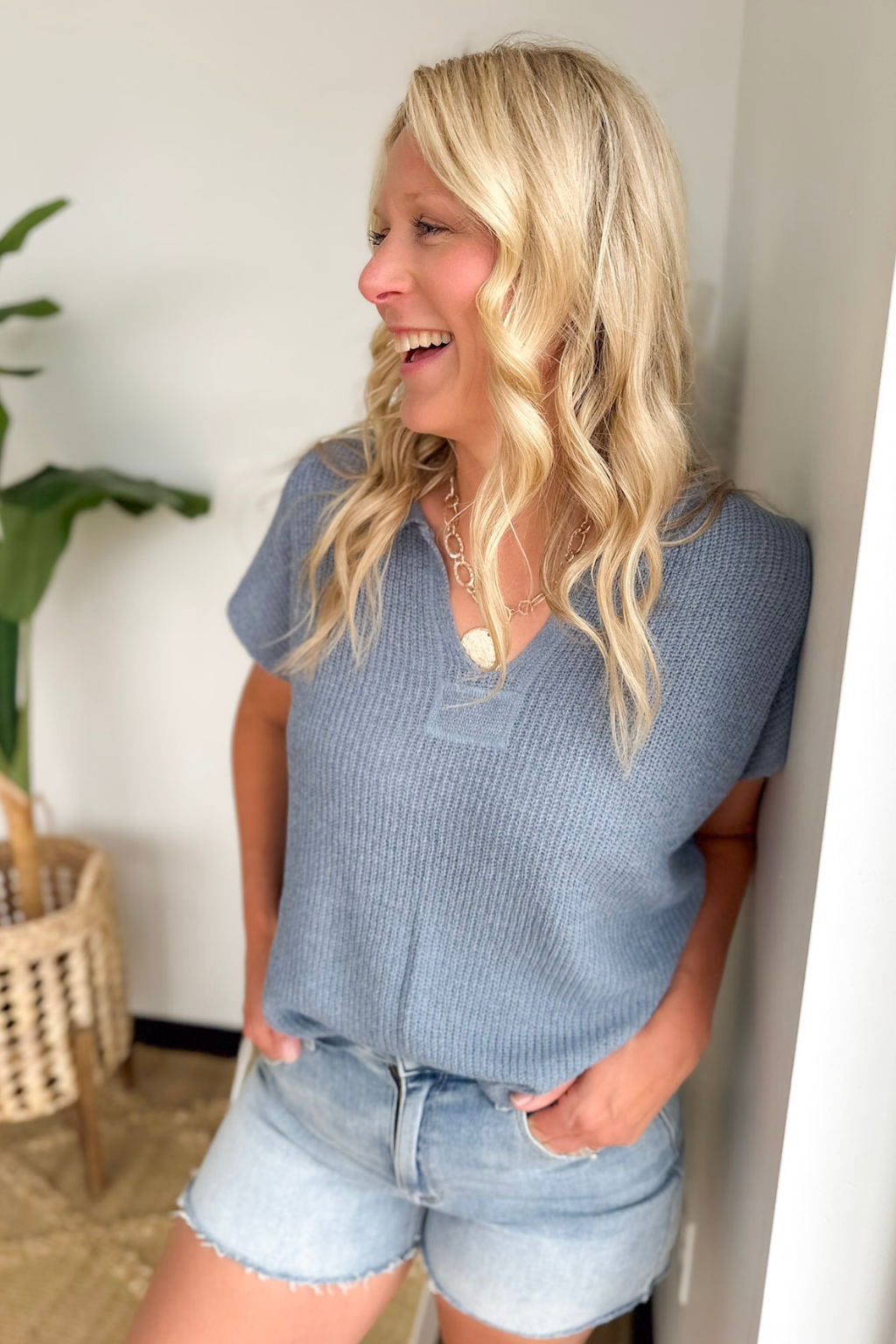 Relaxed Fit V-Neck Short Sleeve Knit Top-Denim