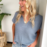 Relaxed Fit V-Neck Short Sleeve Knit Top-Denim