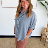 Frayed Trim Relaxed Denim Button Up Top