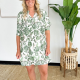 Green Floral Elbow Sleeve Mini Dress