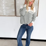 Dark Sage Striped Soft Knit Ivory Sweater