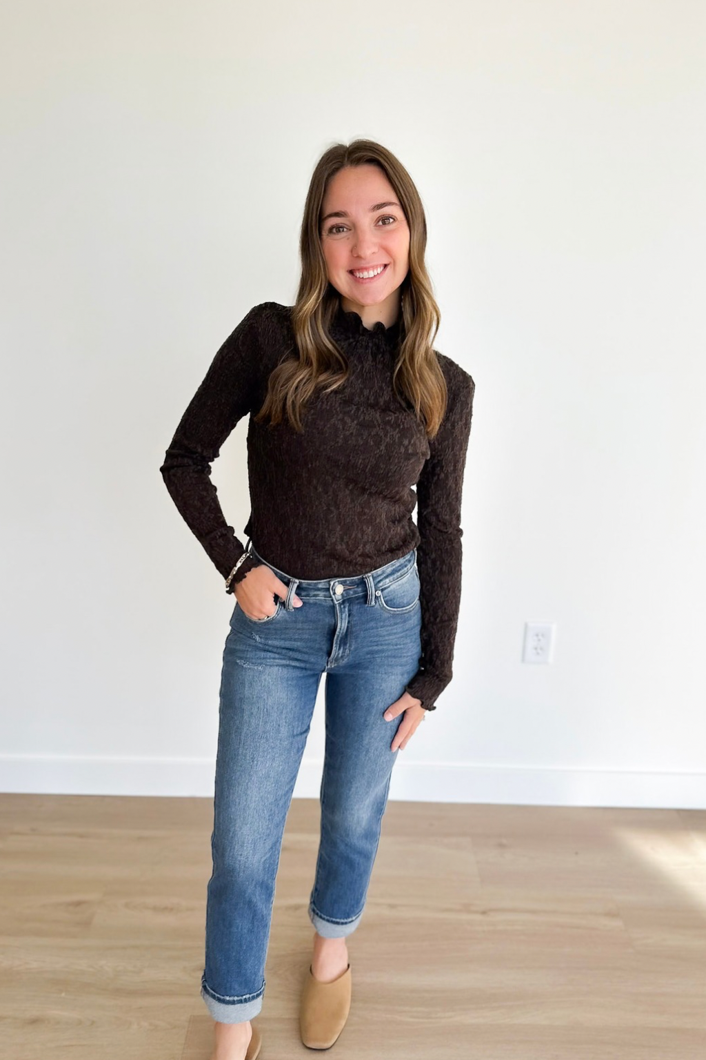 Brown Lace Textured Knit Top