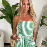 Striped Green Strapless Midi Dress
