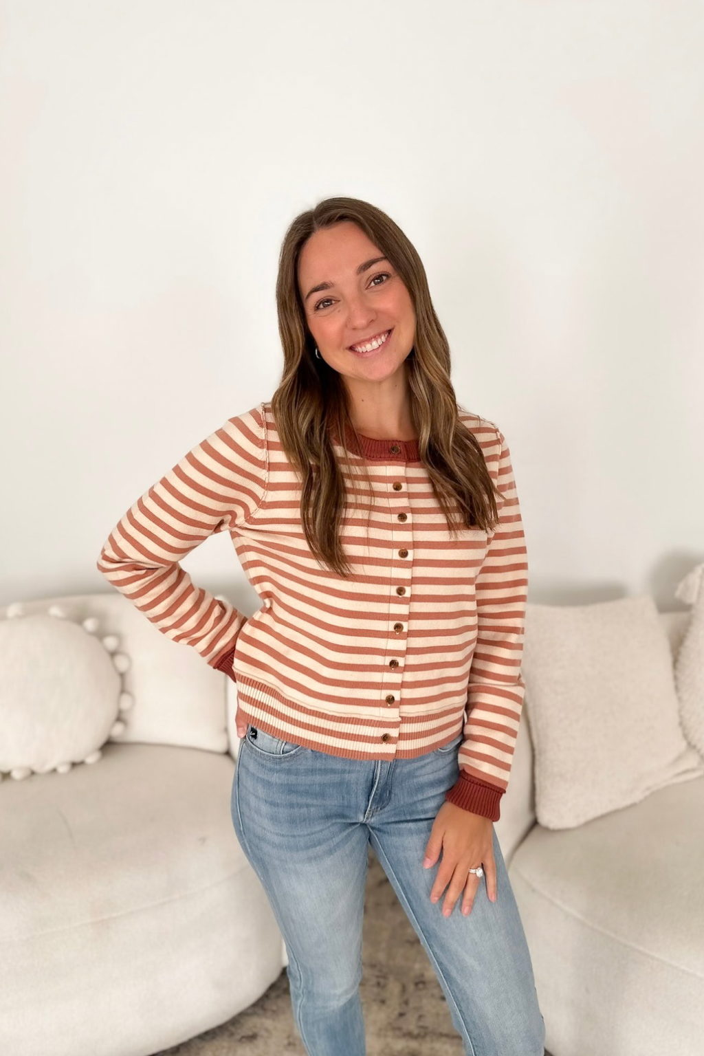 Mauve & Ivory Striped Button Cardigan