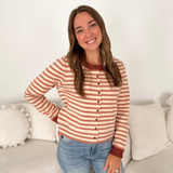 Mauve & Ivory Striped Button Cardigan