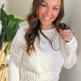 Open Crochet Ivory Boat Neck Sweater
