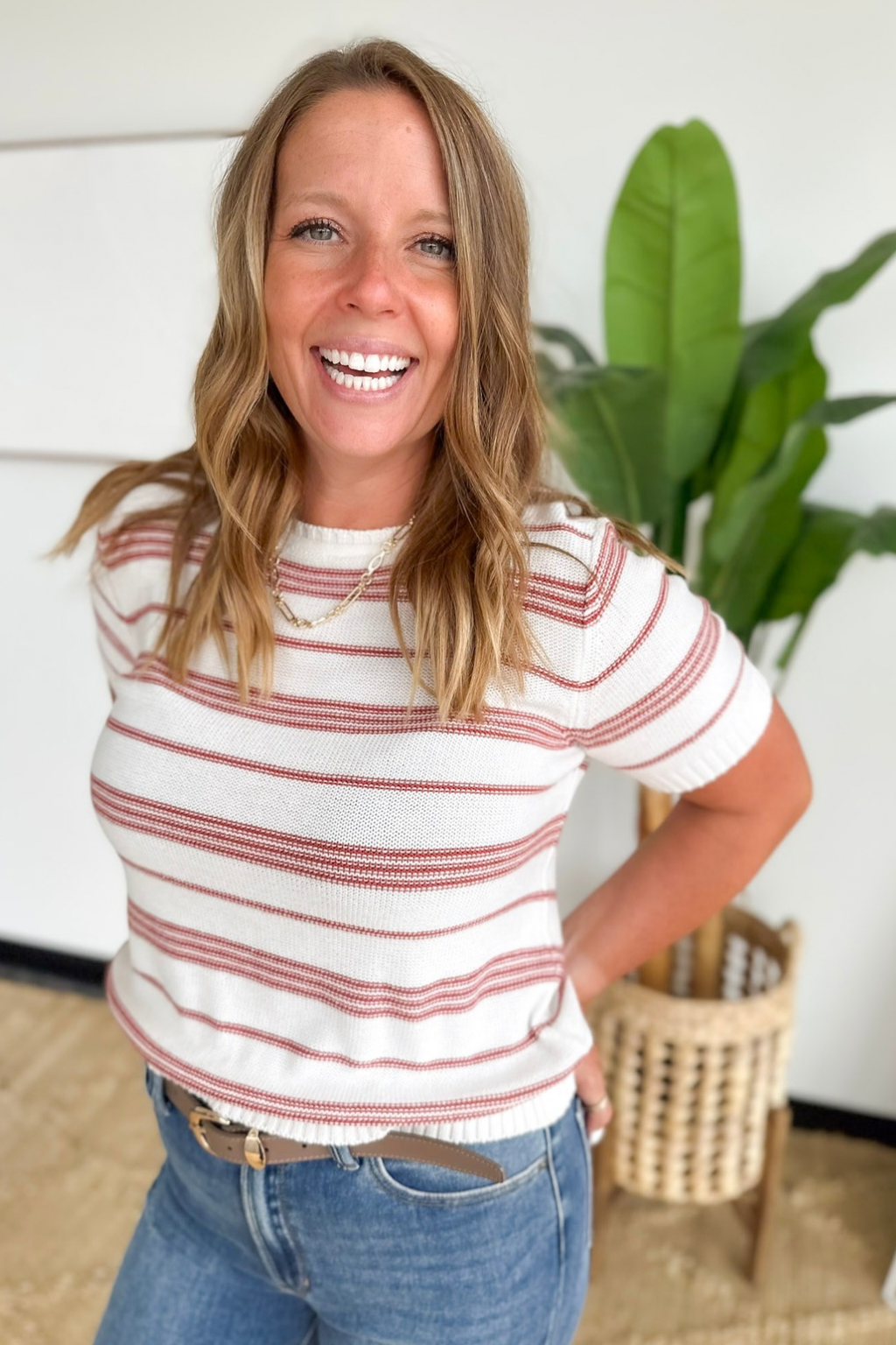 Ivory Knit Rust Thin Stripe Top