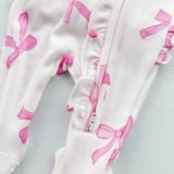Pretty Pink Bow Ruffle 2 Way Zip Footie