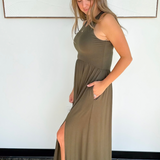 Olive Elastic Waist Tank Top Midi Dress