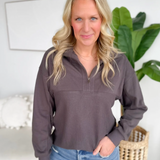 Grey Contrast Waffle Knit 1/2 Zip Pullover