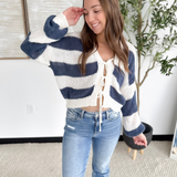 Cream/Navy Striped Knit Front Tie Cardigan