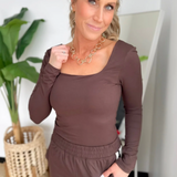 Double Lined Square Neck Brown Long Sleeve Top