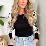 Black/White Floral Contrast Sleeve Top