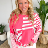 Pink/ White Colorblock Striped Long Sleeve Top