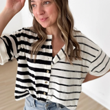 Button Front Black/Ivory Multi Striped Top