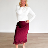 Burgundy Satin Mini Skirt with Lace