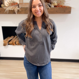 Grey Washed Ribbed Long Sleeve Henley Top