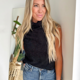 Black Cozy Knit Mock Neck Sleeveless Top