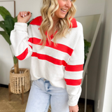 Red/White V-Neck Collared Textured Top