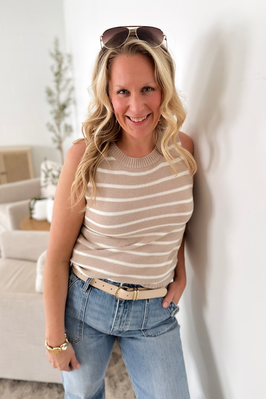 Taupe/Cream Striped Knit Tank