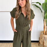 Olive Short Sleeve Button Wide Leg Jumpsuit