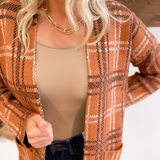 Rust Plaid Open Front Knit Cardigan