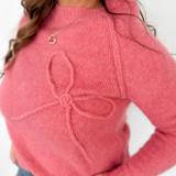 Pink Knit Bow Textured Sweater