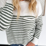Dark Sage Striped Soft Knit Ivory Sweater