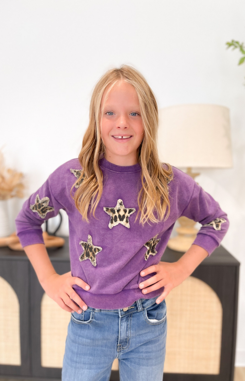 Girls Purple Leopard Star Pullover