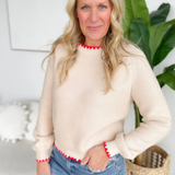 Almond Knit Sweater with Red Trim