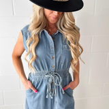 Denim Button Up Sleeveless Jumpsuit