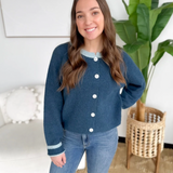 Two Tone Blue Knit Button Cardigan