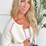 Ivory Knit Cardigan with Contrast Red Trim