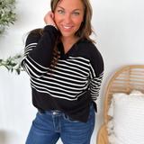 Black Knit Long Sleeve White Stripe Top