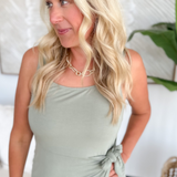 Sage Green Square Neck Side Tie Midi Dress