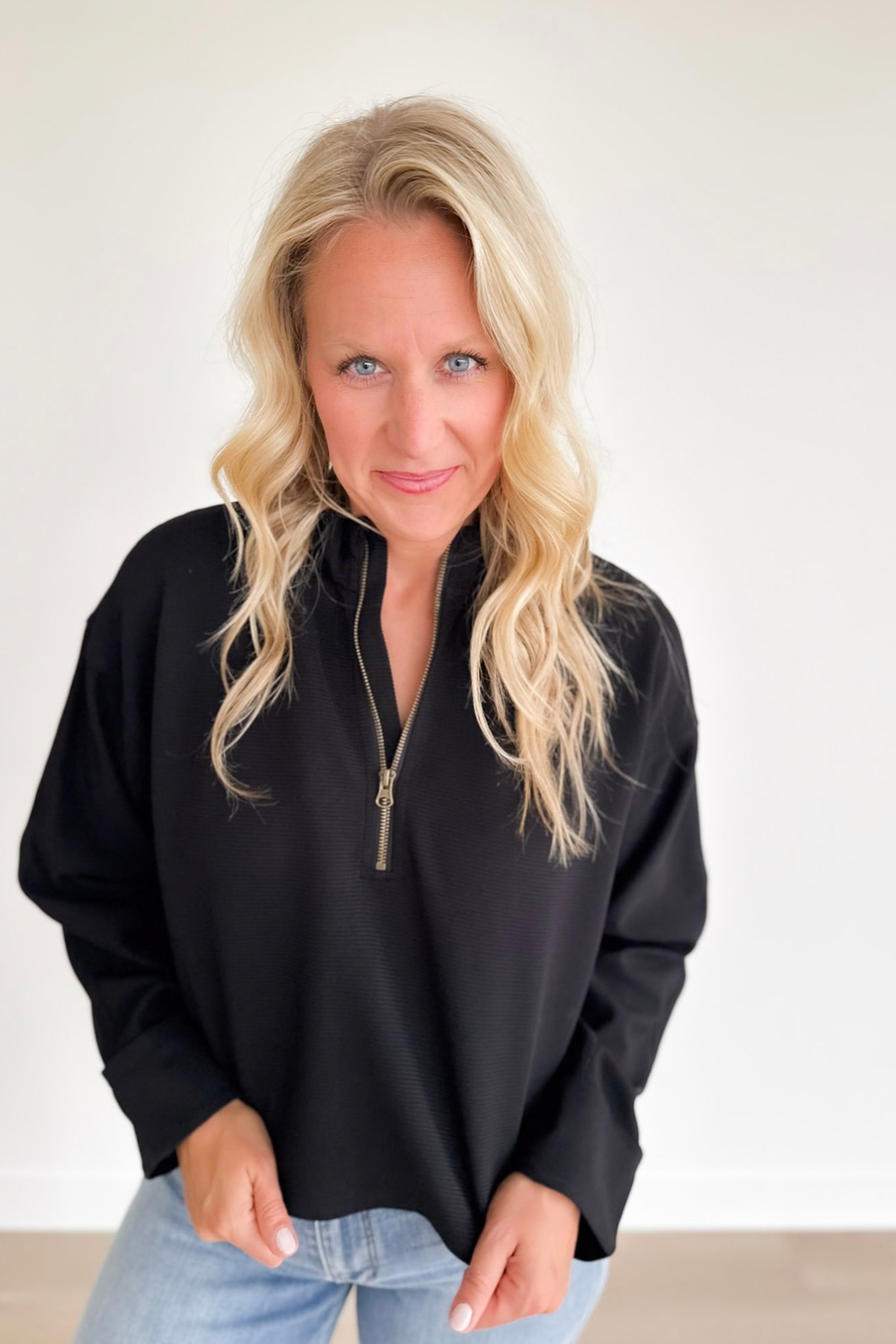 Black Ribbed 1/2 Zip Cropped Pullover