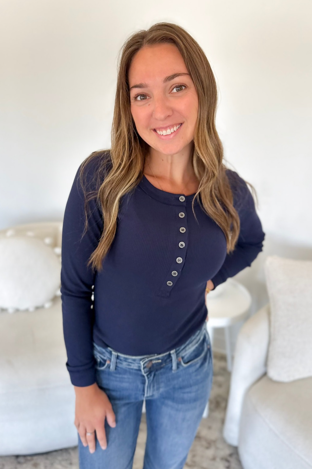 Blue Fitted Long Sleeve Henley Top