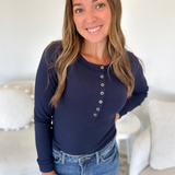 Blue Fitted Long Sleeve Henley Top