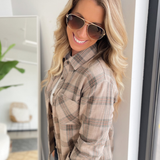 Mushroom Plaid Button Down Top
