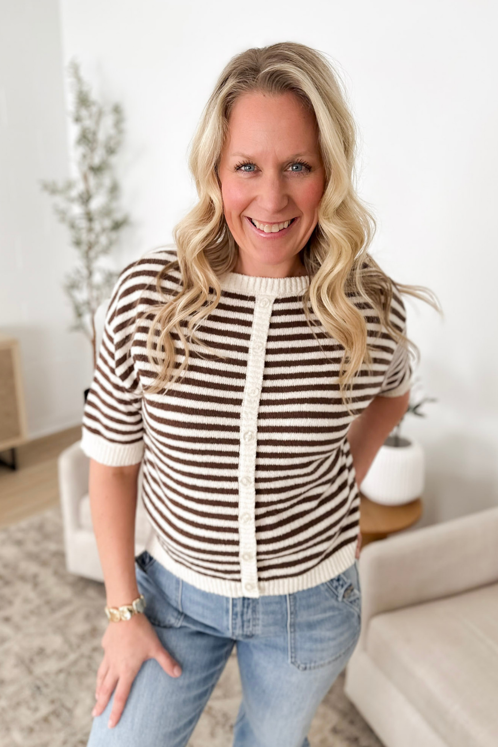 Brown Striped Contrast Trim Sweater